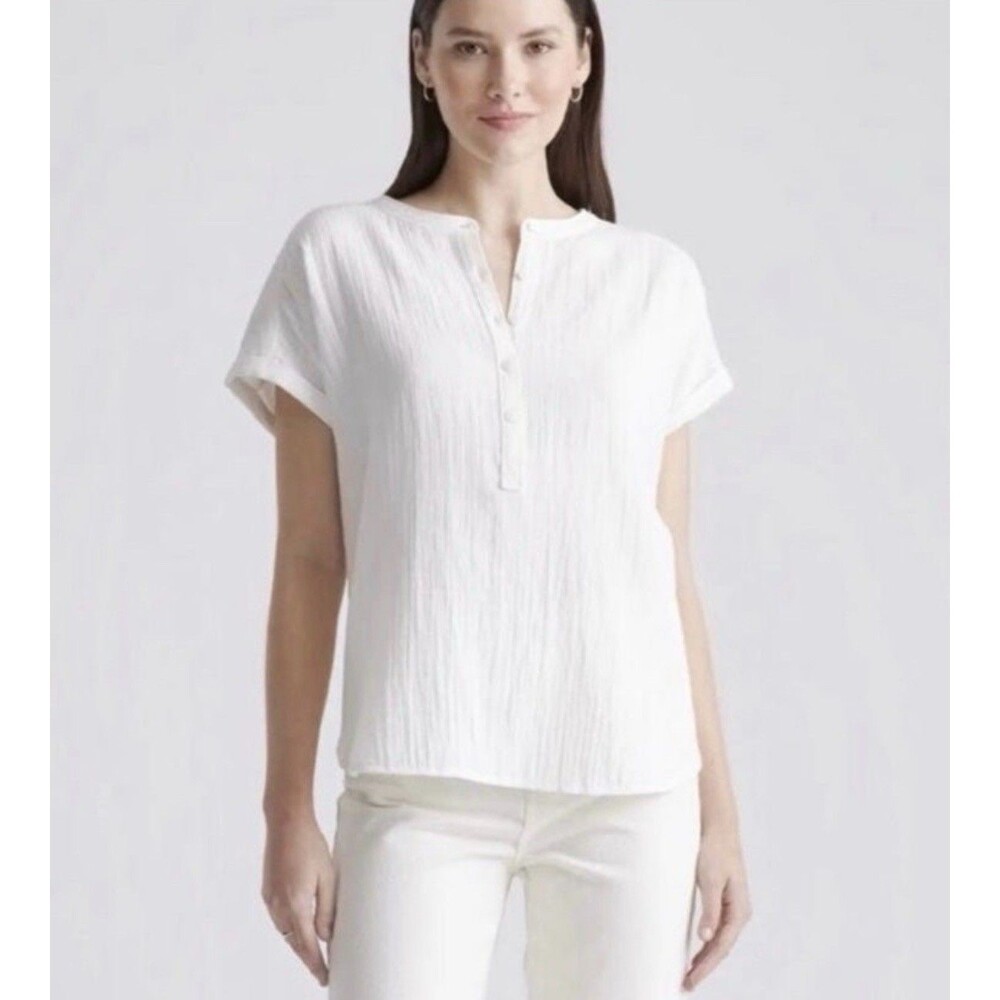 Quince Women's 100% Organic Cotton Gauze Roll Sleeve Shirt Size XL White Casual